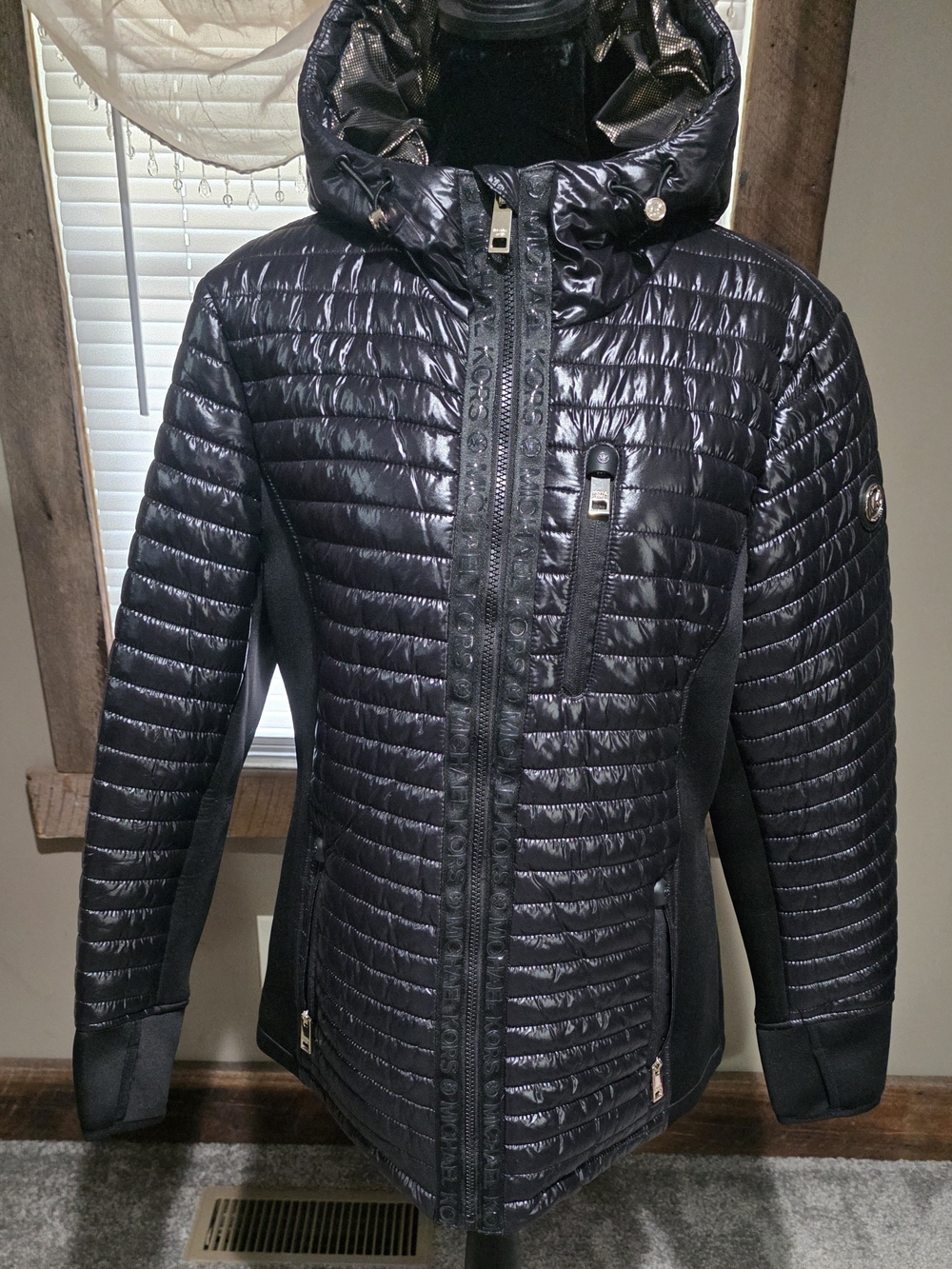 Michael Kors Glossy Black Quilted Hooded Puffer Jacket